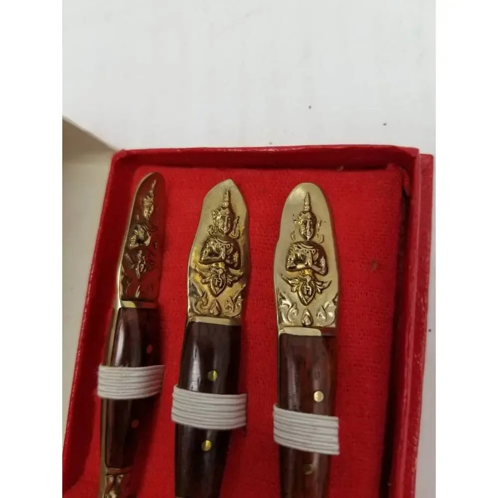 Vintage Thai Brass Rosewood Hors d'Oeuvre Set Mid Century Buddha Souvenir